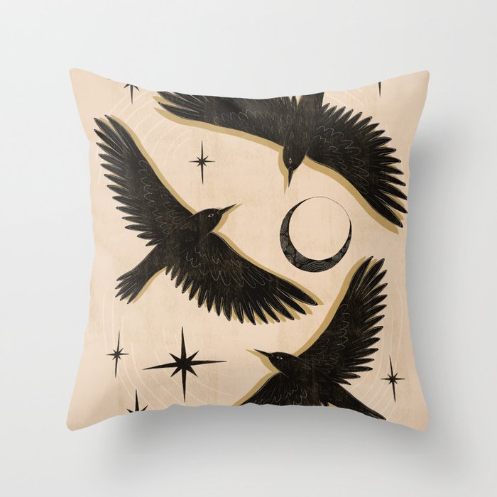 Black birds flying with the Moon Throw Pillow