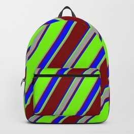 [ Thumbnail: Chartreuse, Dark Gray, Maroon & Blue Colored Lines/Stripes Pattern Backpack ]