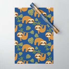 Cute Sloths on Blue, Baby Sloth Hanging Wrapping Paper