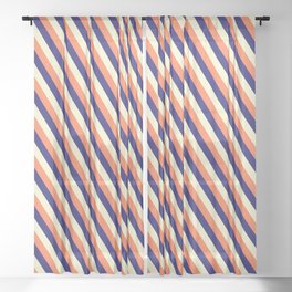[ Thumbnail: Coral, Midnight Blue & Light Yellow Colored Lined/Striped Pattern Sheer Curtain ]