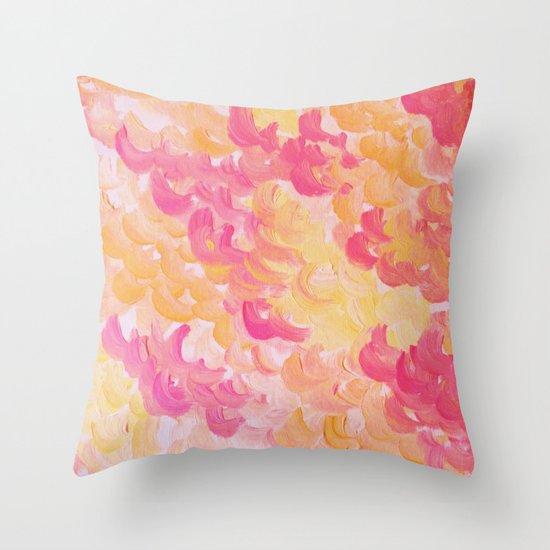 PINK PLUMES - Soft Pastel Wispy Pretty Peach Melon Clouds Strawberry Pink Abstract Acrylic Painting Throw Pillow