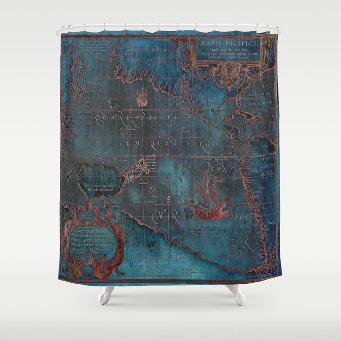 Antique Map Teal Blue and Copper Shower Curtain
