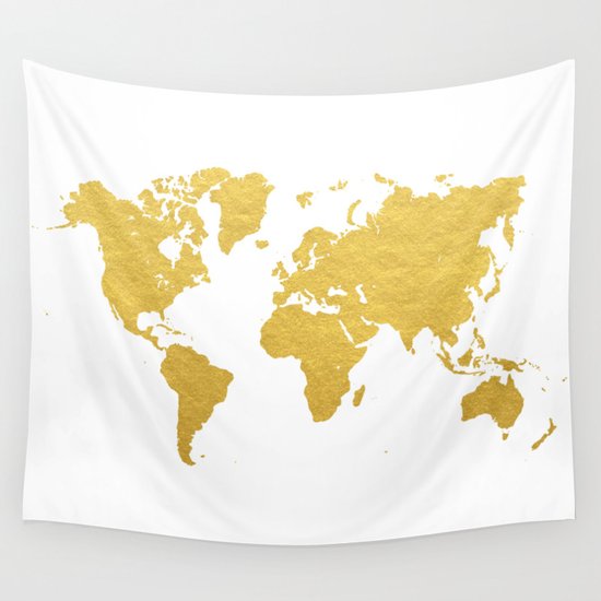 Gold World Map Wall Tapestry By BySamantha
