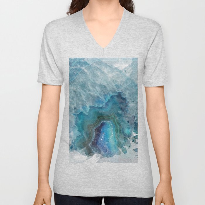 Blue Watercolor Agate Geode Print V Neck T Shirt