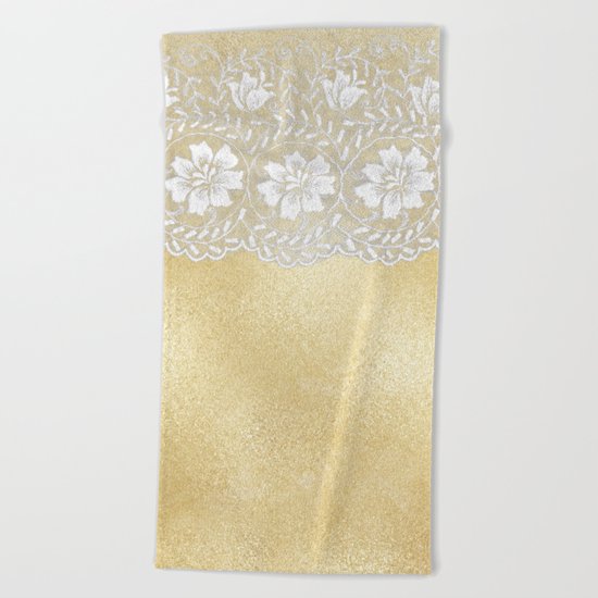 Bridal lace - White floral elegant lace on gold metal backround Beach Towel