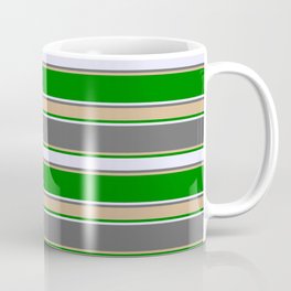 [ Thumbnail: Dim Gray, Tan, Green & Lavender Colored Pattern of Stripes Coffee Mug ]