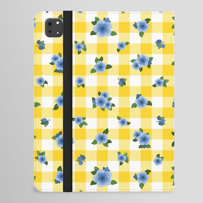 Blue Roses All Over - yellow check iPad Folio Case