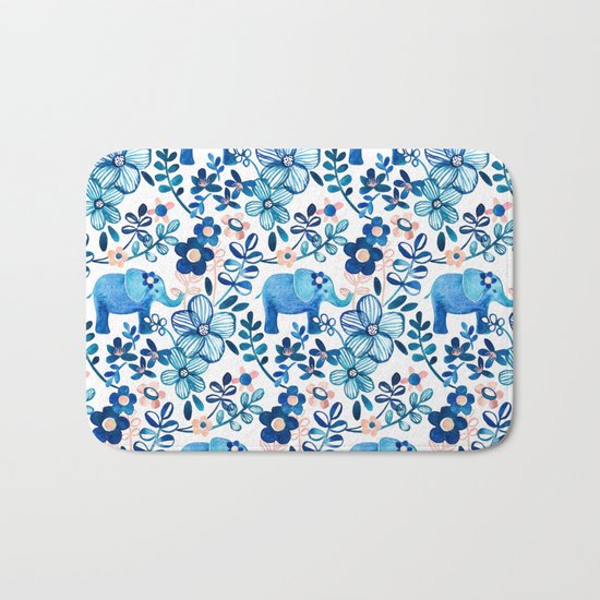 Blush Pink, White and Blue Elephant and Floral Watercolor Pattern Bath Mat