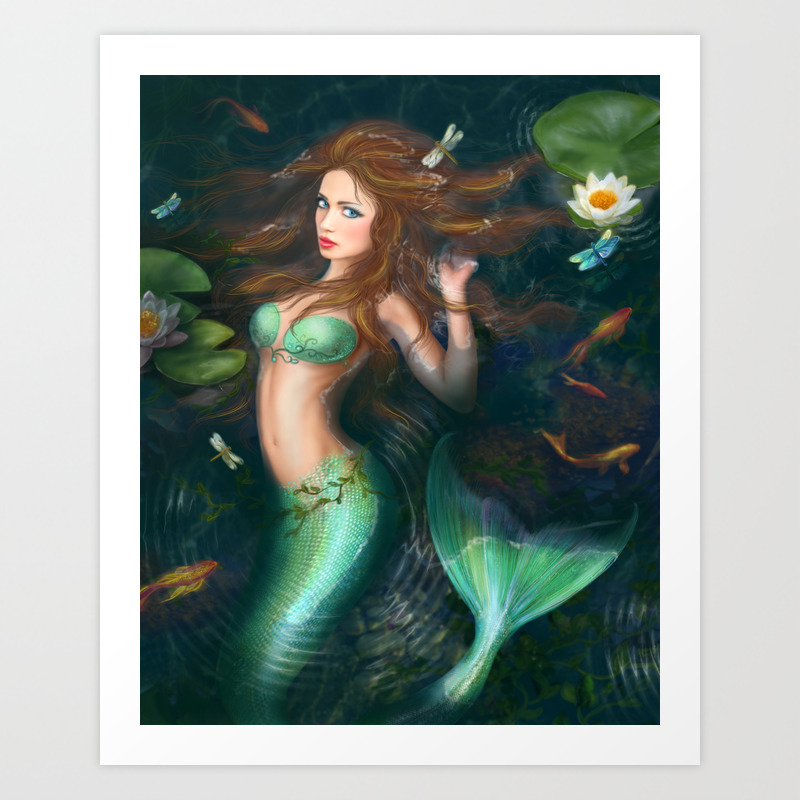 Beautiful Fantasy Mermaid In Lake With Lilies Art Print By