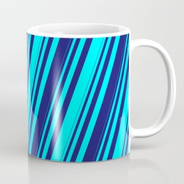 [ Thumbnail: Cyan & Midnight Blue Colored Stripes/Lines Pattern Coffee Mug ]