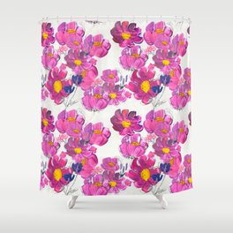 Seamless pattern with Beautiful flowers. Watercolor or acrylic painting. Floral background. Wildflower wallpaper with pink wild rose, lavender clower, leaves and branches. Nature artistic print design Shower Curtain