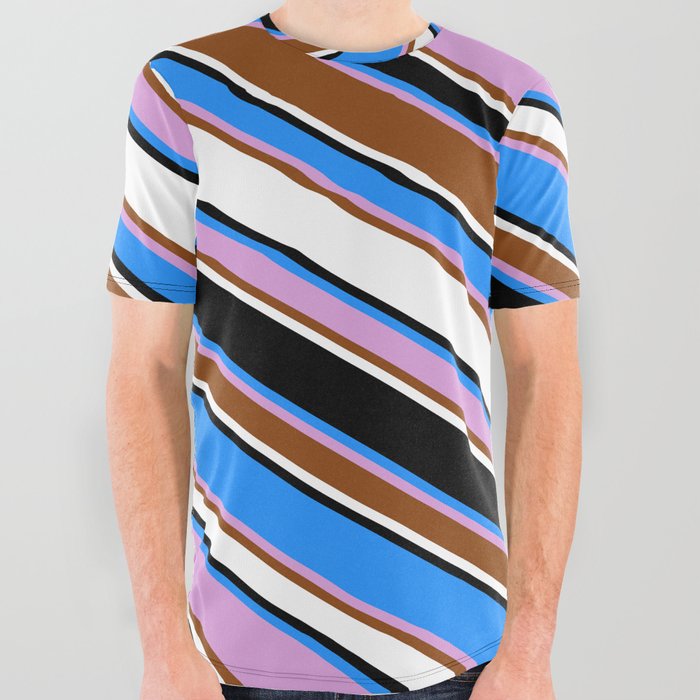 Blue, Plum, Brown, White & Black Colored Lined/Striped Pattern All Over Graphic Tee
