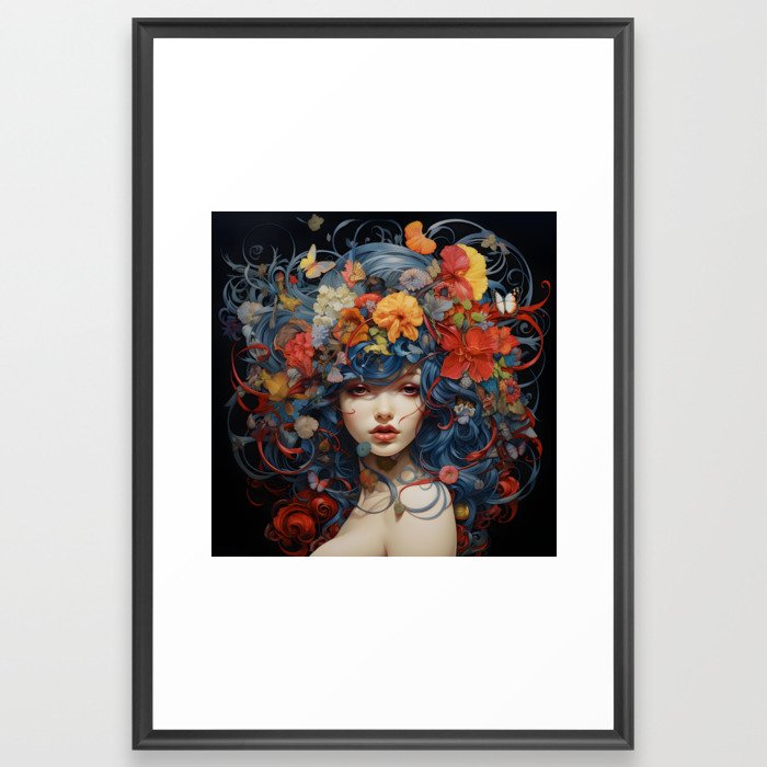 Superbly Beautiful Young Woman with Flowers in Hair Framed Art Print