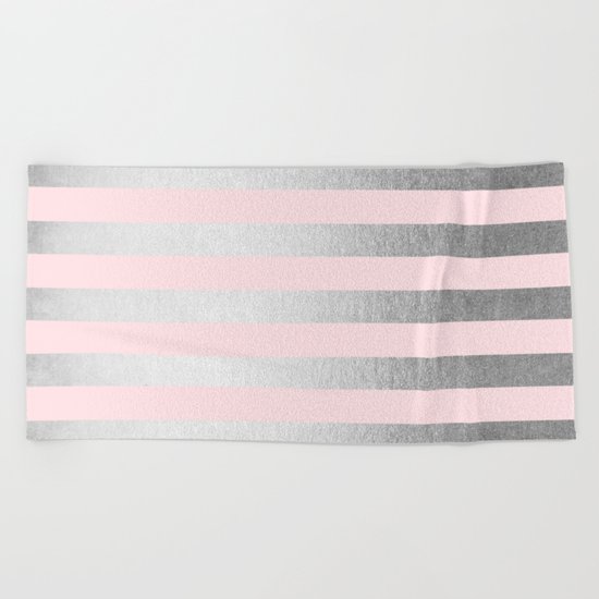 Stripes Moonlight Silver on Flamingo Pink Beach Towel