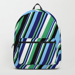 [ Thumbnail: Eyecatching White, Sea Green, Black, Light Sky Blue, and Midnight Blue Colored Stripes Pattern Backpack ]