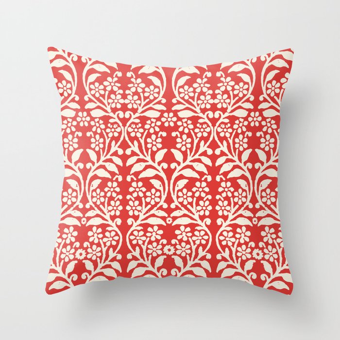 Holiday Block Print, Vintage Vine in Cream on Red (Part of a Set of 3) Throw Pillow