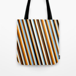 [ Thumbnail: Vibrant Brown, Light Sky Blue, Mint Cream, Dark Orange & Black Colored Stripes/Lines Pattern Tote Bag ]
