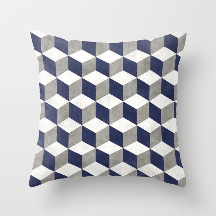 Geometric Cube Pattern - Concrete Gray, White, Blue Throw Pillow