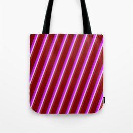 [ Thumbnail: Eye-catching Purple, Fuchsia, Light Grey, Red, and Maroon Colored Striped/Lined Pattern Tote Bag ]