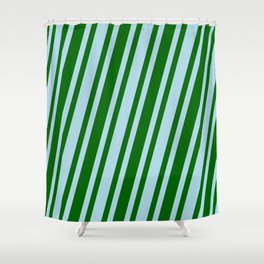 [ Thumbnail: Light Blue & Dark Green Colored Stripes Pattern Shower Curtain ]