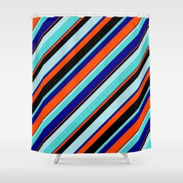 [ Thumbnail: Eye-catching Powder Blue, Turquoise, Blue, Red, and Black Colored Lined/Striped Pattern Shower Curtain ]