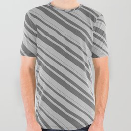 [ Thumbnail: Grey and Dim Grey Colored Pattern of Stripes All Over Graphic Tee ]