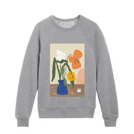 Coffee and Flowers - Colorful Still Life - orange blue yellow white black green Kids Crewneck