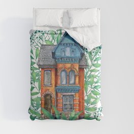 magic  victorian house and green leaves on white background  Comforter