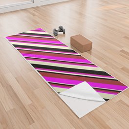 [ Thumbnail: Brown, Fuchsia, Light Yellow, and Black Colored Lines Pattern Yoga Towel ]