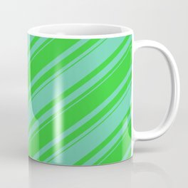 [ Thumbnail: Lime Green & Aquamarine Colored Stripes Pattern Coffee Mug ]