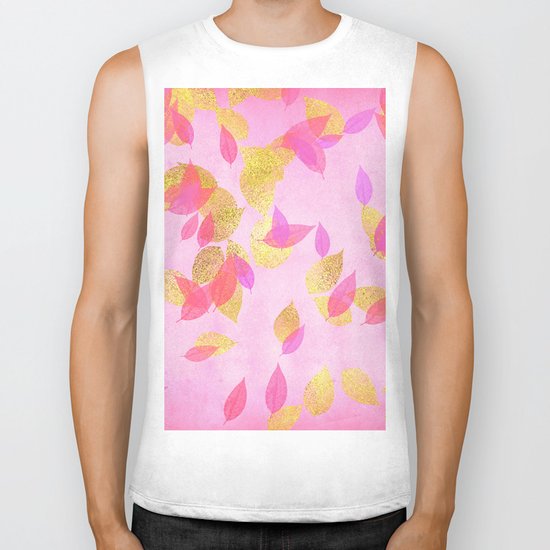 Autumn-world 5 - gold glitter leaves on pink background on #Society6 Biker Tank