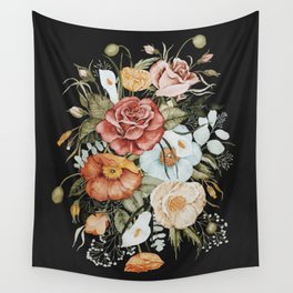 Roses and Poppies Bouquet on Charcoal Black Wall Tapestry
