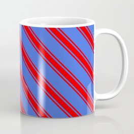 [ Thumbnail: Royal Blue and Red Colored Lined/Striped Pattern Coffee Mug ]
