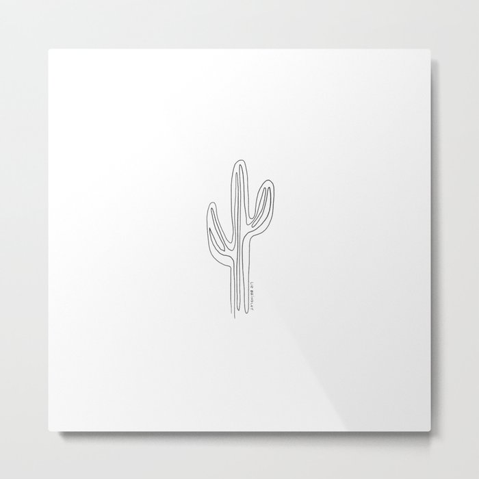 Saguaro Cactus Linear Minimal Black and White Metal Print