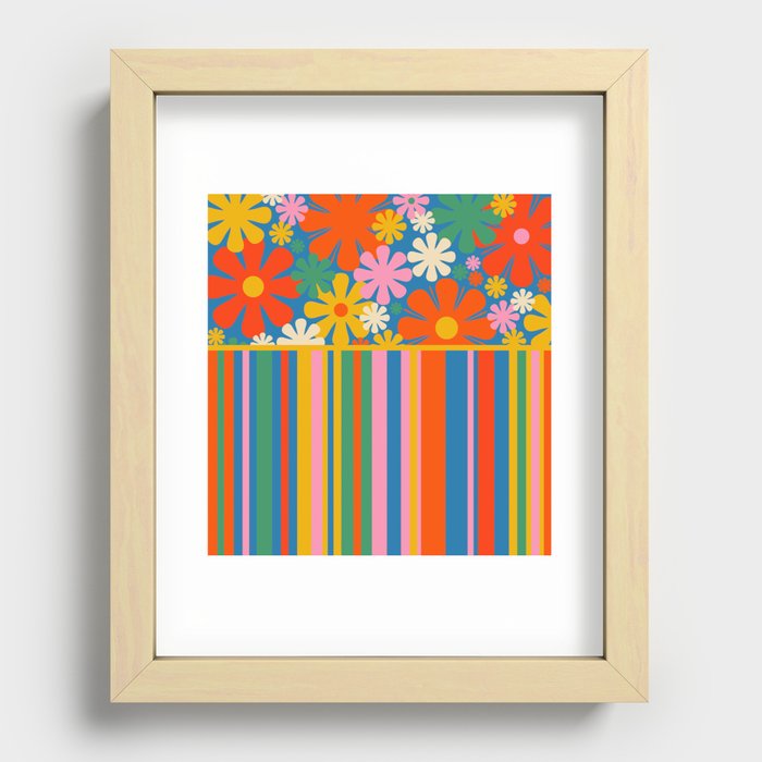 Colorful Retro Flowers and Stripes Pattern Mix Recessed Framed Print