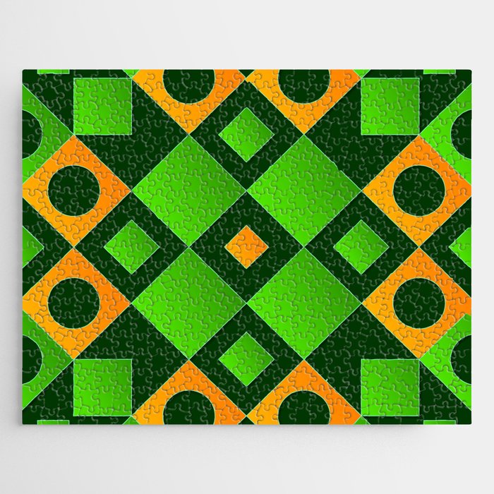 Green, Black & Orange Color Square Design Jigsaw Puzzle