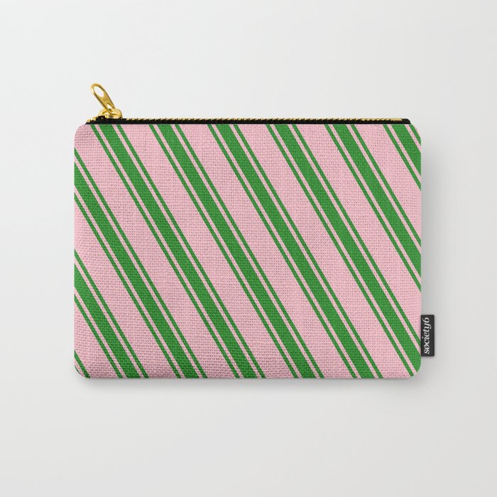Pink and Forest Green Colored Pattern of Stripes Carry-All Pouch