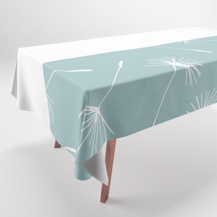 White Dandelion Lace Horizontal Split on Slate Blue Gray Tablecloth