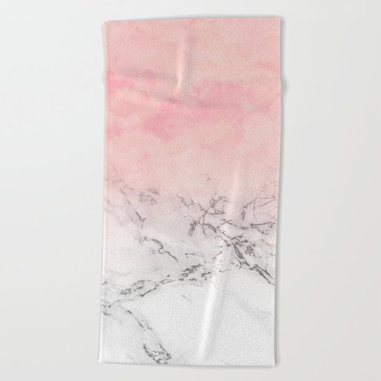 Modern blush pink watercolor ombre white marble Beach Towel