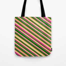 [ Thumbnail: Dark Green, Brown, Tan, Deep Pink, and Forest Green Colored Lines/Stripes Pattern Tote Bag ]