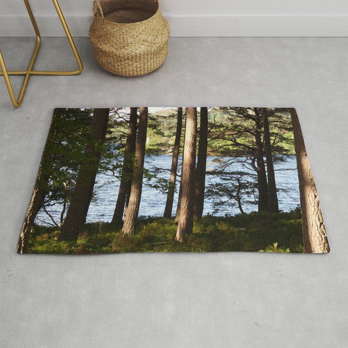 Scottish Highlands Pine Trees Loch Side Summer View Nature Photography Rug
