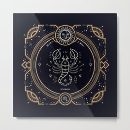 Scorpio Zodiac Golden White on Black Background Metal Print