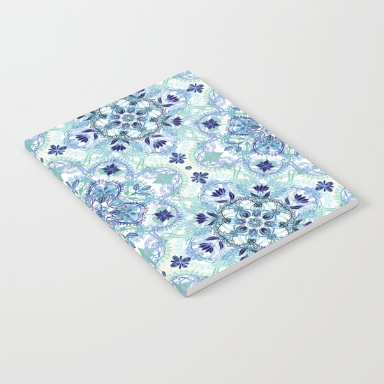 Navy Blue, Green & Cream Detailed Lace Doodle Pattern Notebook