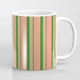 [ Thumbnail: Dark Salmon & Forest Green Colored Lines Pattern Coffee Mug ]