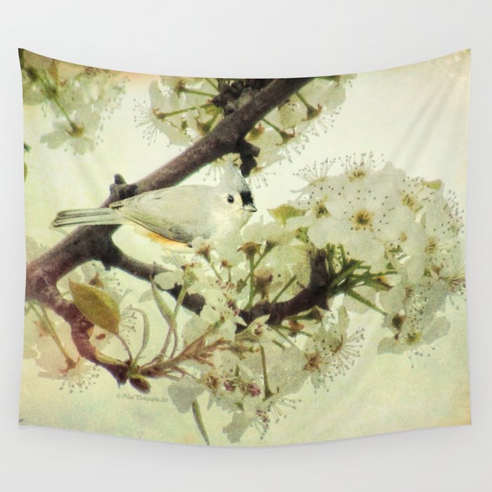 Tufted Titmouse Spring Flower Farmhouse Art Country Home Decor A132 Wall Tapestry
