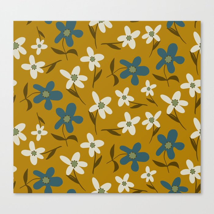 Abstract Hand Drawing Geometric Daisy Flowers and Leaves Repeating vintage Pattern Isolated Background  Canvas Print