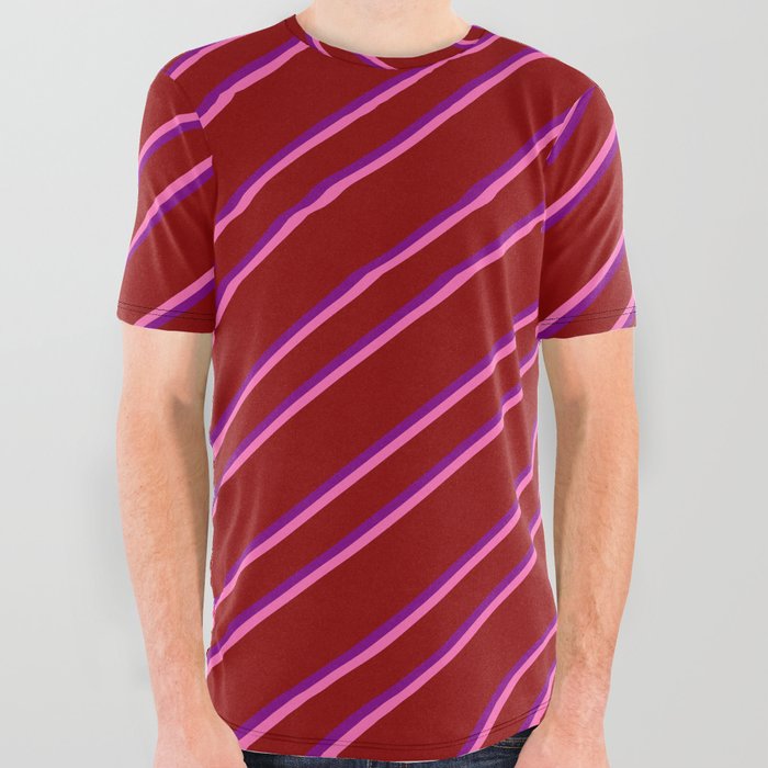 Dark Red, Purple, and Hot Pink Colored Striped/Lined Pattern All Over Graphic Tee