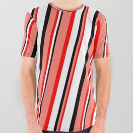 [ Thumbnail: Salmon, Red, White, and Black Colored Striped/Lined Pattern All Over Graphic Tee ]