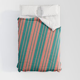 [ Thumbnail: Salmon and Dark Cyan Colored Lined/Striped Pattern Comforter ]