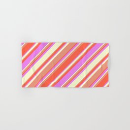 [ Thumbnail: Dark Salmon, Red, Violet, and Light Yellow Colored Lined/Striped Pattern Hand & Bath Towel ]